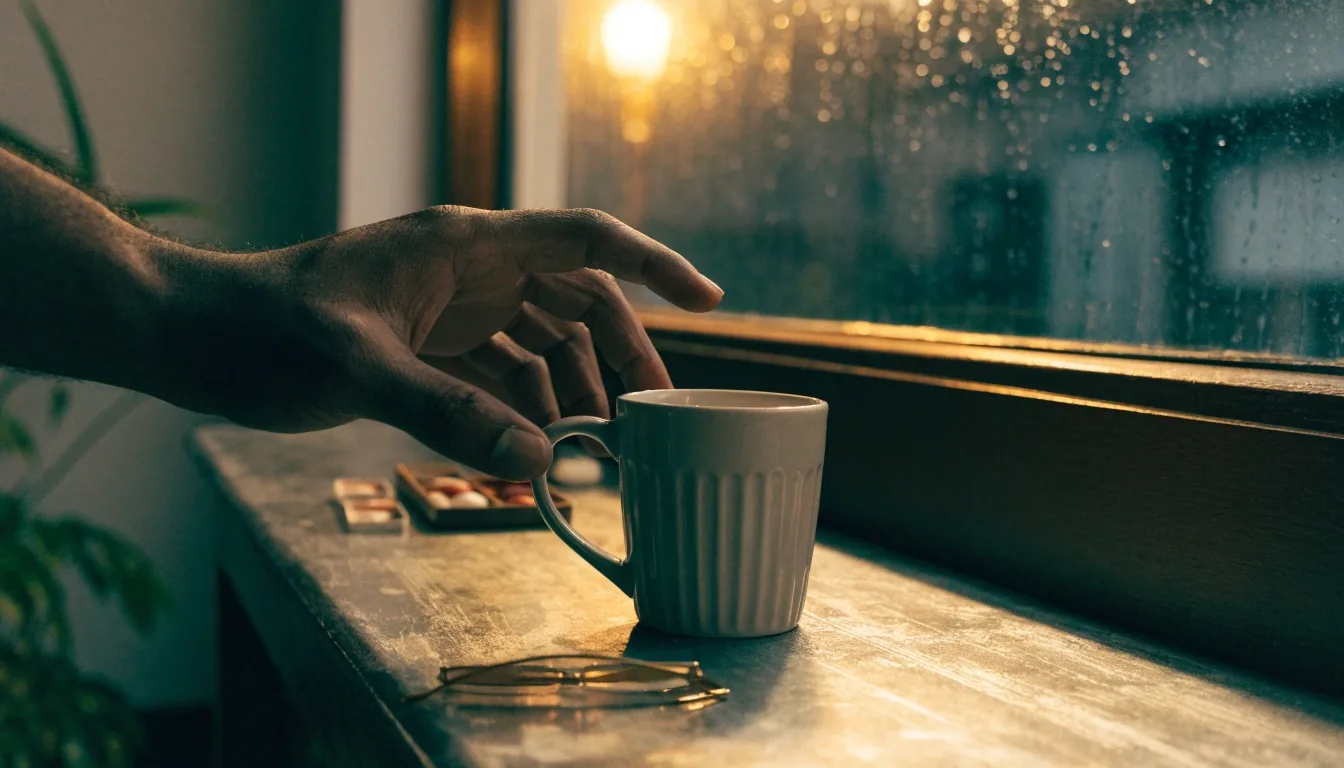 Overhead bench still life with a coffee mug, a small compartment tray of tablets and reading glasses
