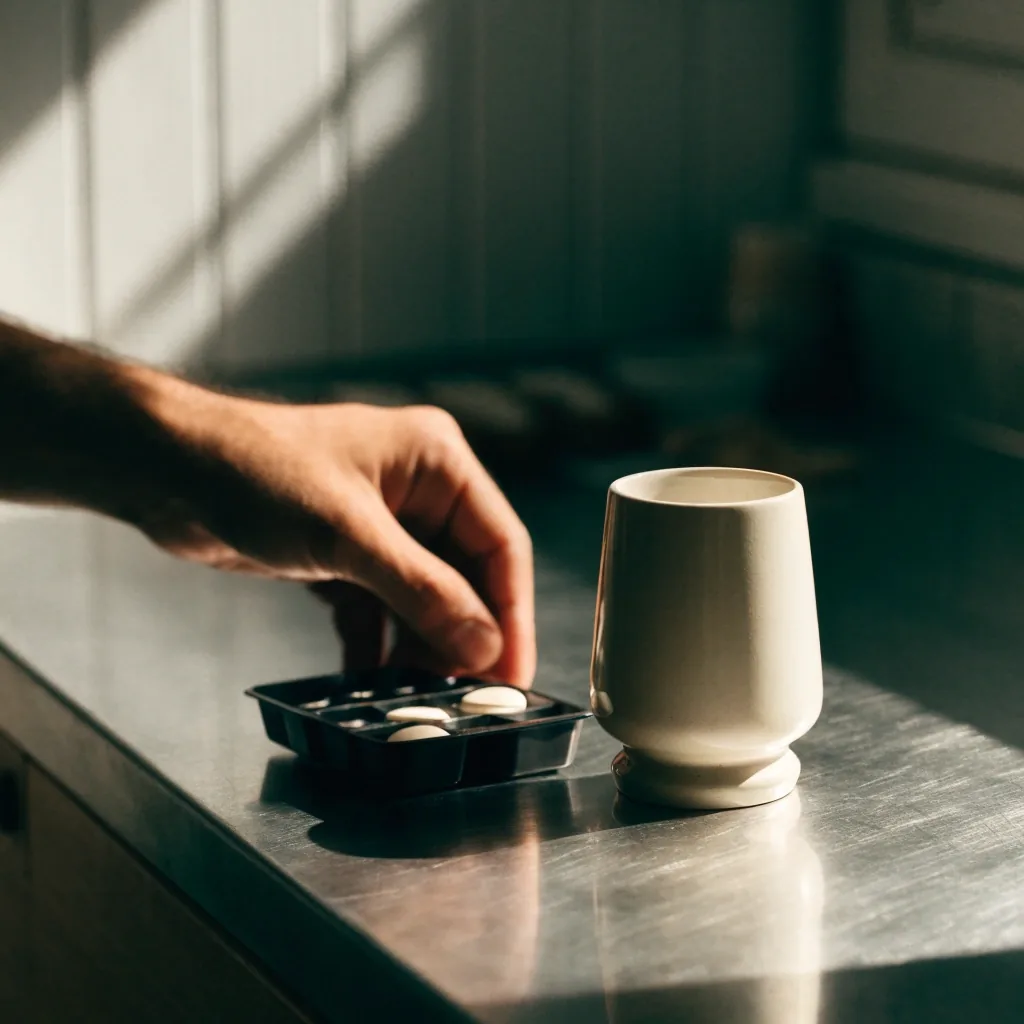 A man's hand reaching for a small tray of tablets beside a mug on a kitchen counter in the morning